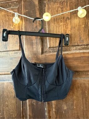 Lulu's Black Ribbed Bustier Crop Top with Front Hooks